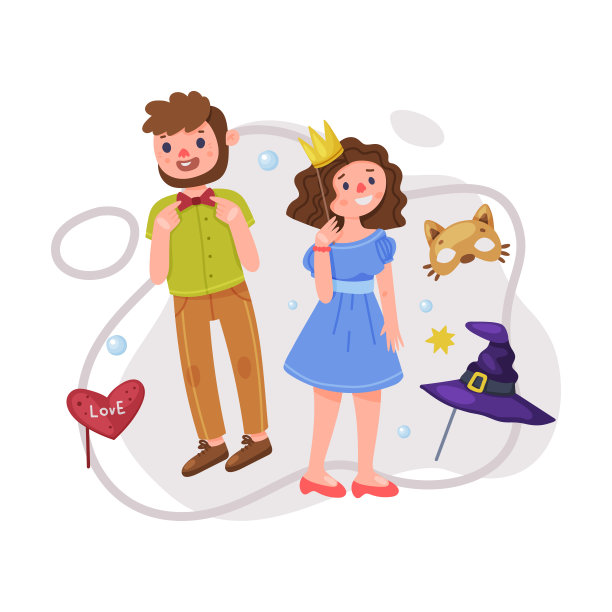 男人和女人角色穿着派对生日照片摊位道具站立和微笑矢量插图图片下载