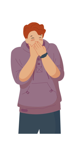 红头发的人笑了。傻笑的人，站着的成年人害羞的笑，卡通搞笑的人物，大声笑话，人lol，矢量插图图片下载