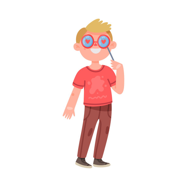 年轻的男子人物持杆与眼镜作为派对生日照片展台道具矢量插图图片下载