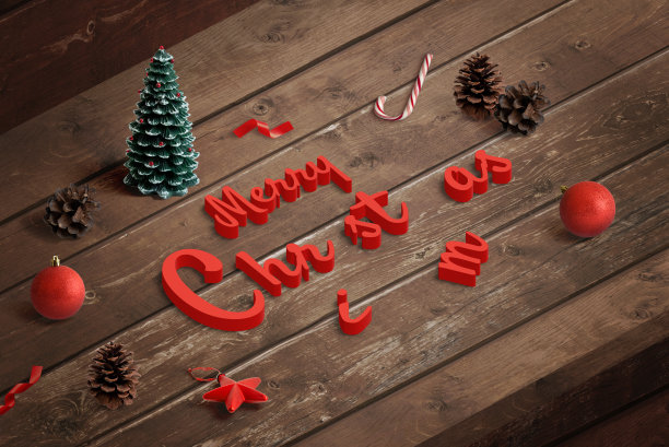 制作圣诞节问候语文字，在木桌上用2.5D风格组合字母图片下载