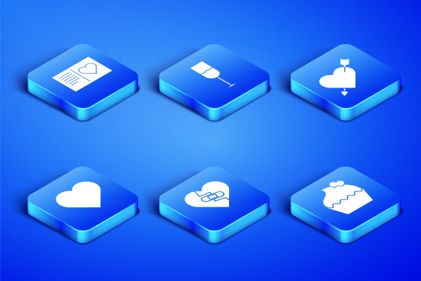 设置婚礼蛋糕与心，情人节传单，愈合破碎，心，葡萄酒玻璃和爱情和箭头图标。向量图片下载