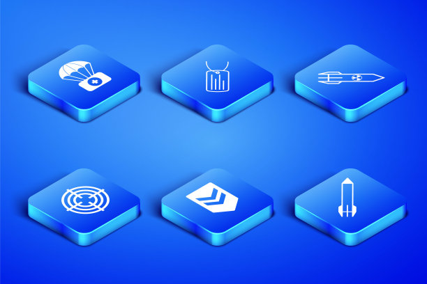 Set Rocket, Parachute with急救箱，Chevron, Target sport, Military dog tag and Nuclear Rocket icon。向量图片下载