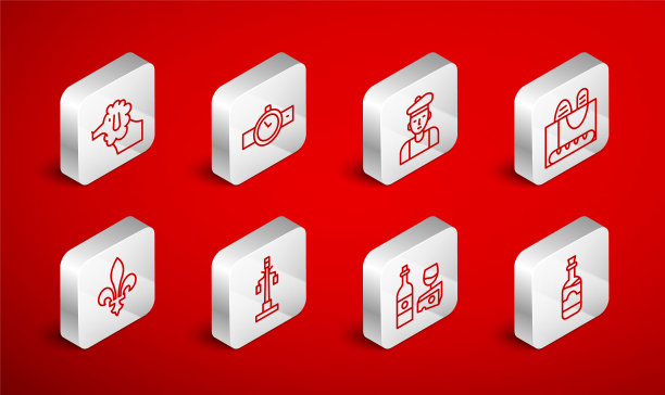 葡萄酒，腕表，法国人，法棍面包，葡萄酒瓶与奶酪，贵宾狗，路灯和Fleur De Lys图标。向量图片下载