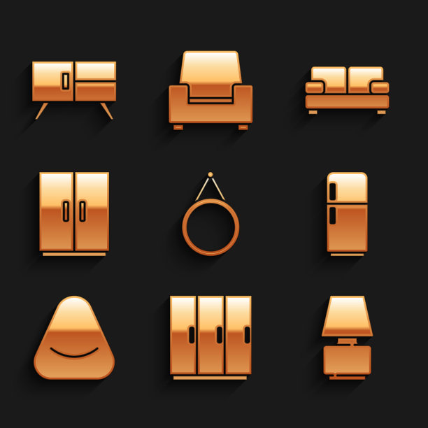 设置镜子，衣柜，台灯，冰箱，沙发和衣柜抽屉图标。向量图片下载