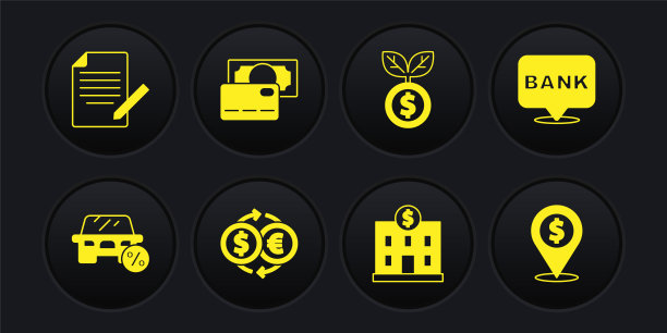 设置汽车租赁百分比，银行大楼，货币兑换，美元工厂，信用卡，现金位置和文件和笔的图标。向量图片下载