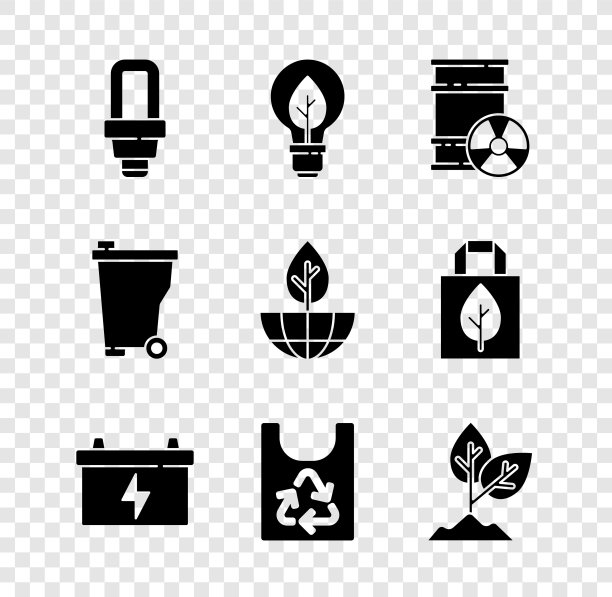 设置LED灯泡，叶片照明，桶内放射性废物，汽车电池，塑料袋回收，植物，垃圾桶，地球仪和植物图标。向量图片下载