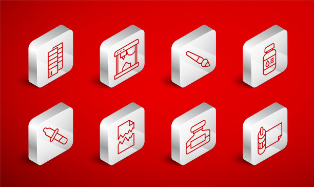 设置线卷纸，3D打印机，油漆刷，打印机墨水瓶，墨水，潘通，撕裂文件和移液管图标。向量图片下载