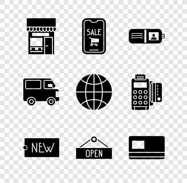 Set Shopping building or market store, Mobile phone and Shopping cart, Wallet, Price tag with text New, Hanging sign Open, Credit card, Delivery cargo truck vehicle and Worldwide图标。向量图片下载