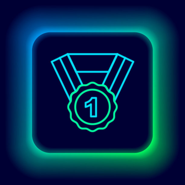 发光的霓虹灯线狗奖标志图标孤立的黑色背景。奖牌与狗足迹作为宠物展览获胜者的概念。色彩斑斓的轮廓的概念。向量图片下载