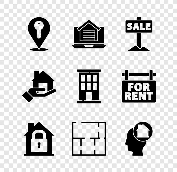 设置位置键，在线房地产，挂出售标志，保护下的房子，计划，男人梦想购买，房地产经纪人和图标。向量图片下载