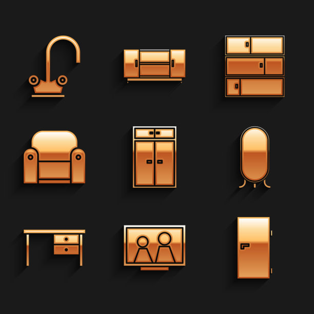 设置衣柜，相框在桌子上，关闭的门，大全长镜子，办公桌，扶手椅，架子和水龙头图标。向量图片下载