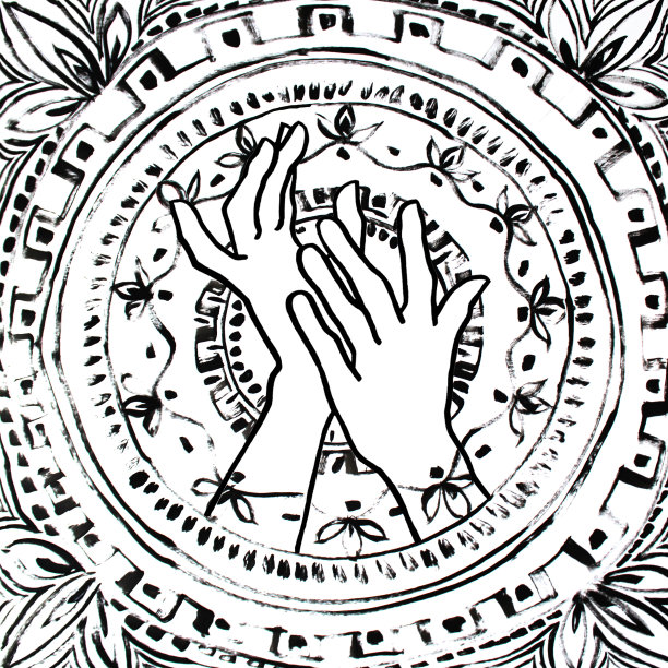 华丽的黑白波西米亚曼荼罗装饰和两只手。圆线点条纹波漩涡。手绘丙烯酸。创意背景为冥想涂色书瑜伽，放松，平衡精神图片下载