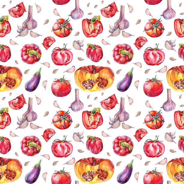 无缝图案水彩蔬菜:番茄，钟椒，大蒜，南瓜，茄子在白色的背景。夏秋保健品，以沙拉汤为主。艺术为菜单，咖啡馆，厨房素描本食谱图片下载