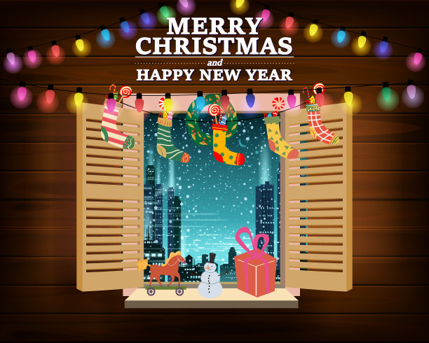 圣诞窗，圣诞夜，装饰花环复古，从窗口看夜景，复古玩具，圣诞树。庆祝圣诞节和新年假期。矢量插画平面卡通风格图片下载
