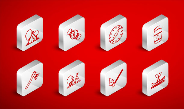 设置线漂流船，指南针，水壶水壶，燃烧火柴与火，旅游帐篷旗，木斧图标。向量图片下载