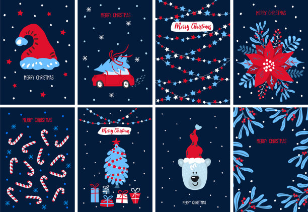 圣诞快乐圣诞快乐新年节日贺卡模板背景在海军蓝红色和白色的颜色，矢量插图图形图片下载