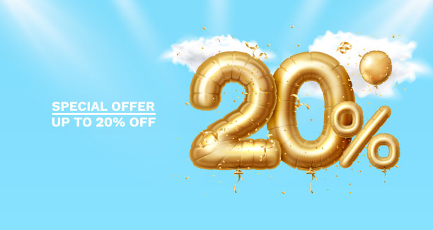 20。折扣创造性的成分。3d黄金销售标志，装饰物品，心形气球，金色纸屑，讲台和礼品盒。销售横幅和海报。向量图片下载