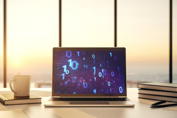 创造性的抽象二进制代码草图在现代笔记本电脑显示器，黑客和矩阵的概念。三维渲染图片下载