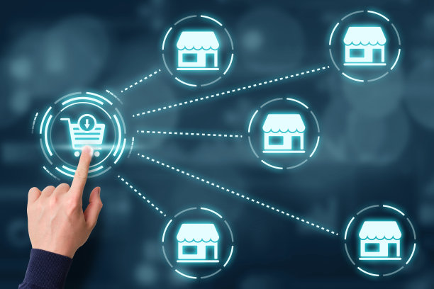 概念添加到购物车。人们在各种网上商店购买。手按在抽象显示器上。图片下载