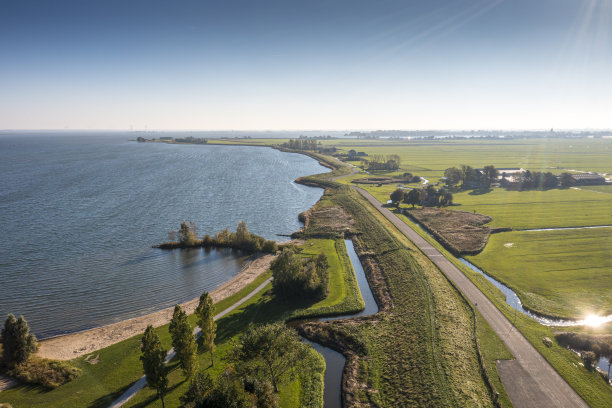 典型荷兰景观中的堤坝。荷兰IJsselmeer无人机射击。图片下载