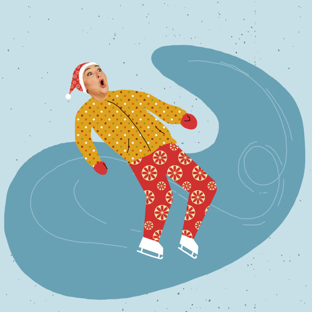 现代设计，当代艺术拼贴。灵感，想法，杂志风格。快乐，微笑的女孩穿着暖和的冬衣滑雪橇图片下载