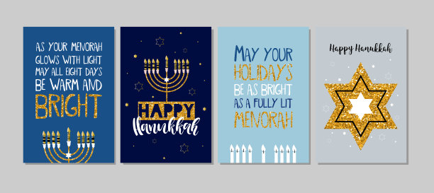 一套光明节贺卡，海报，横幅模板。九支蜡烛和许愿。手绘草图插图。图片下载