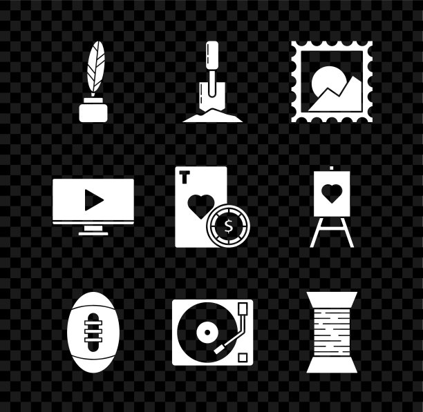 设置羽毛和墨水瓶，铲地，图片景观，美式足球，乙烯基播放器与乙烯基磁盘，缝纫线在线轴上，在线视频和赌场芯片纸牌图标。向量图片下载