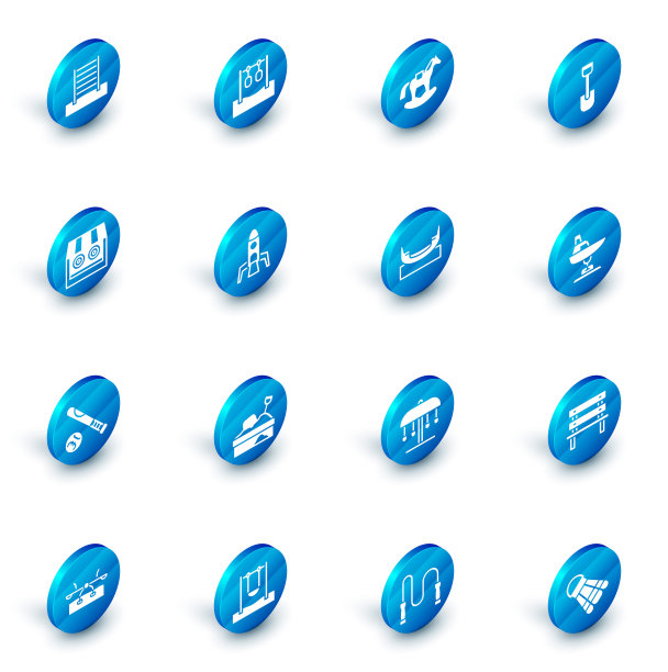 设置体操环，马鞍秋千，铁锹玩具，射击画廊，棒球棒带球，火箭船，秋千船和船的图标。向量图片下载