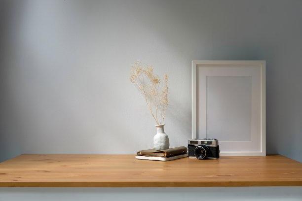 白色的空相框，复古相机和木桌上的盆栽。图片下载