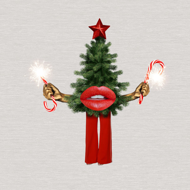 可爱的圣诞和新年卡片拼贴，节日装饰广告，横幅，设计。圣诞树、星星、冬季假期的礼物象征。图片下载