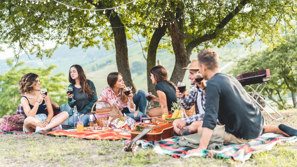 快乐的朋友们在葡萄园旁的户外野餐晚餐与复古的灯光-年轻人在周末的夏日用红酒欢呼-友谊，派对的概念-关注左女孩的脸图片下载