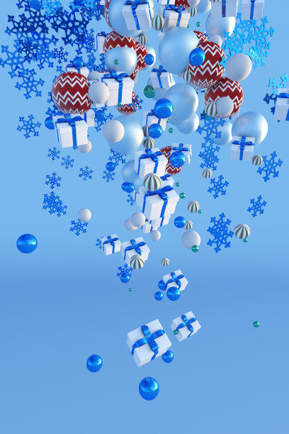 3D飘落的圣诞雪花，礼品盒，圣诞球在冬季蓝色的背景。新年海报设计。图片下载