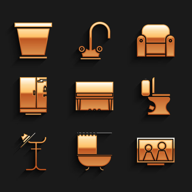 设置大钢琴，浴帘浴缸，桌上相框，马桶，衣帽架，淋浴间，扶手椅和花盆图标。向量图片下载