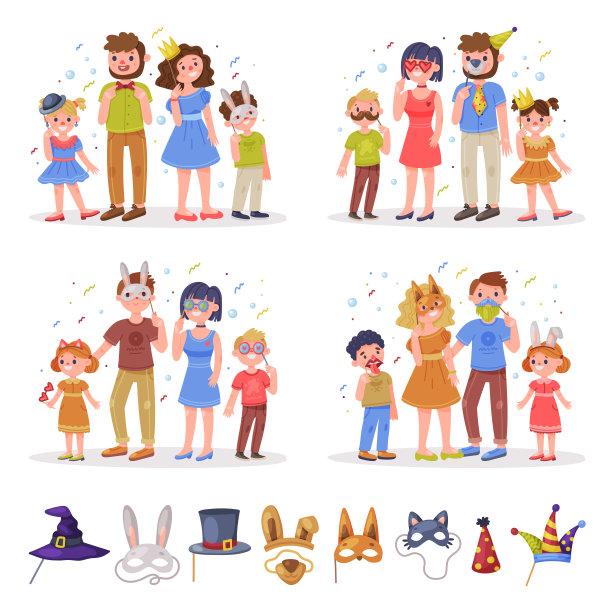 家庭与孩子穿着派对生日照片展台道具站和微笑向量集图片下载