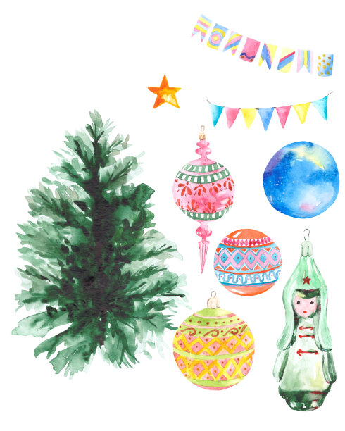 圣诞收藏有绿色的圣诞树，玻璃球，旗帜和一颗孤立在白色背景上的星星。节日的水彩。图片下载