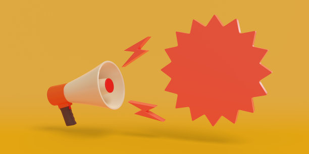 带有空白语音气球的扩音器被隔离在橙色背景上。3 d演示。图片下载