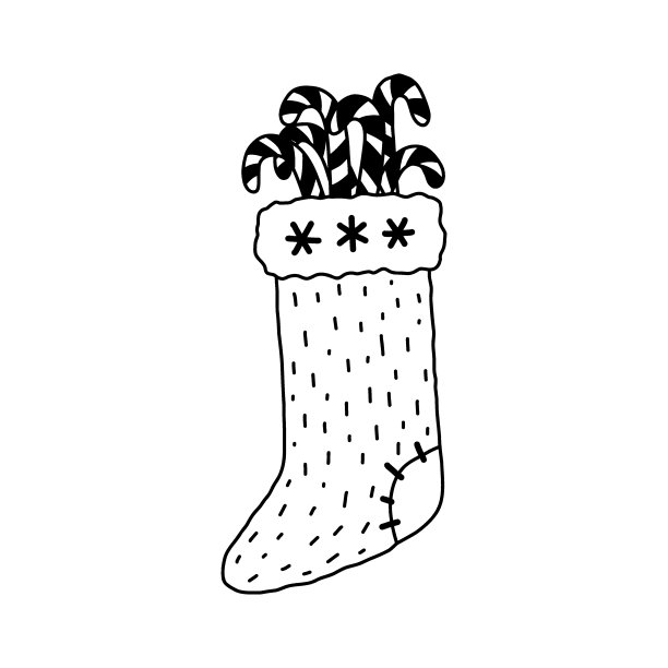 矢量袜子隔离在白色。手绘涂鸦圣诞袜与拐杖糖。图片下载