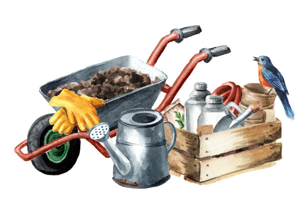 园林工具，春在园的概念。手绘水彩插图孤立的白色背景图片下载