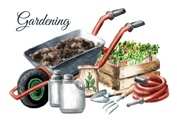 园林工具，园林中心概念。手绘水彩插图孤立的白色背景图片下载