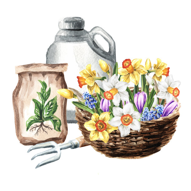 春天的花朵和花园的肥料，春天的工作在花园的概念。手绘水彩插图孤立的白色背景图片下载