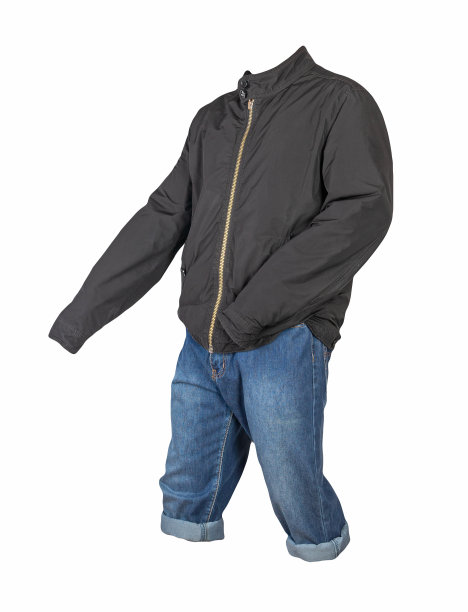 牛仔深蓝短裤和夹克与拉链孤立在白色的背景。男人的牛仔裤图片下载