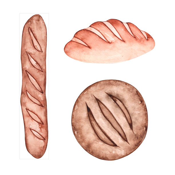水彩面包。面包店剪纸艺术。法国法棍面包，面包，面包卷。孤立的白色背景。手工绘制。图片下载