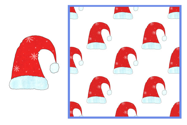 圣诞套装——红色的圣诞老人帽，用皮毛和雪花装饰。隔离在白色背景和无缝图案。用于明信片的设计、包装。图片下载