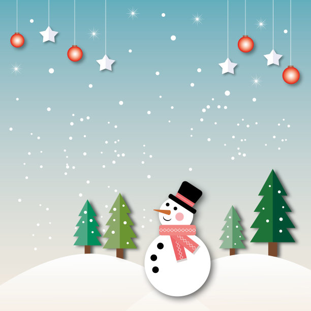 雪人与树，星光和球在雪白的背景。图片下载