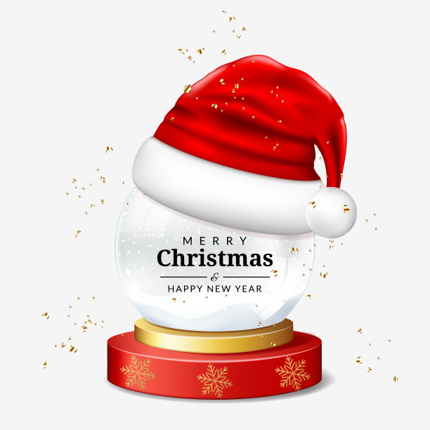圣诞及新年贺卡与透明水晶球与圣诞老人帽。图片下载