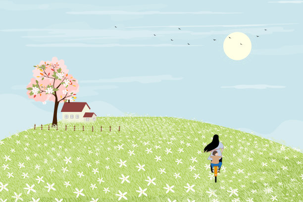 春天的风景，阳光明媚的日子，母子骑着自行车在绿色的田野里;夏天的风景，蓝天白云，一家人在乡村郊游。春季或夏季的卡通矢量图片下载