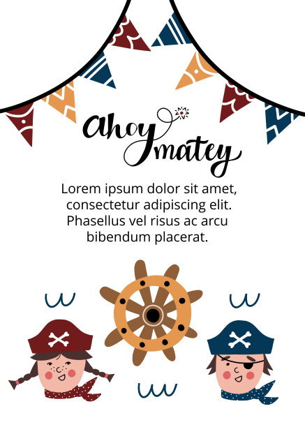 海盗派对邀请与字母文本，可爱的男孩和女孩肖像。图片下载