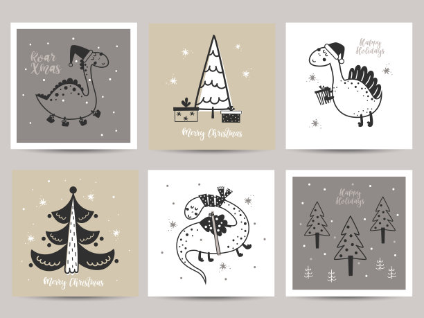 一套印有黑色恐龙的圣诞卡。图片下载