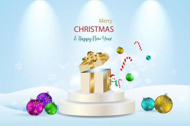 圣诞快乐，新年快乐。3D礼品盒和豪华讲台上的圣诞水晶球。庆祝节日的想法，模板，海报和横幅卡片。图片下载