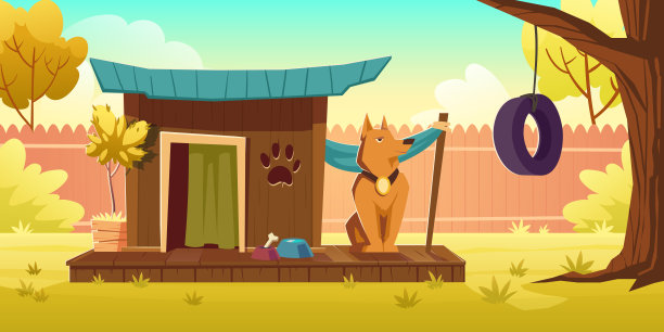 狗坐在房子后院的木狗窝附近图片下载